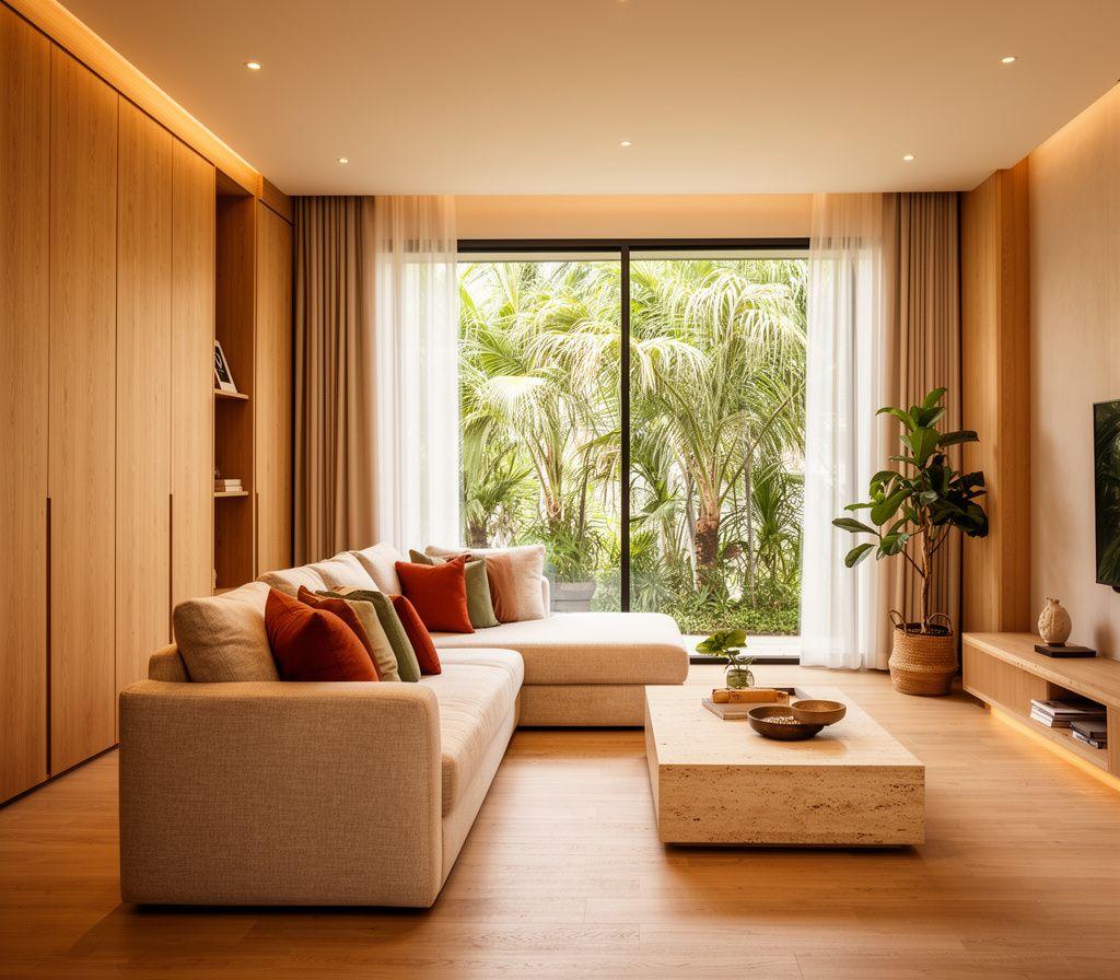 Warm contemporary living room interior designed by Veranda in Petaling Jaya